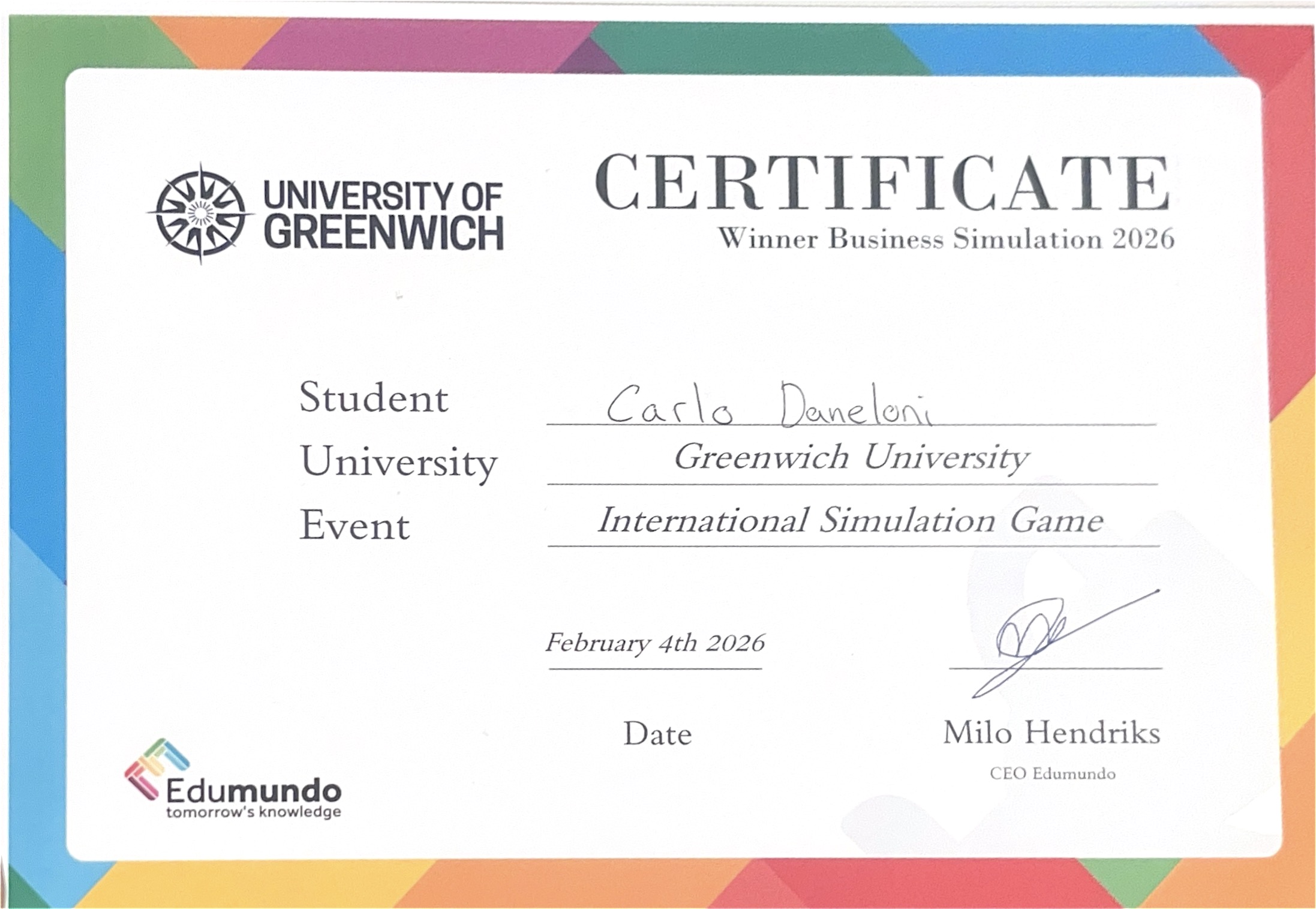 Winner Business Simulation 2026 certificate
