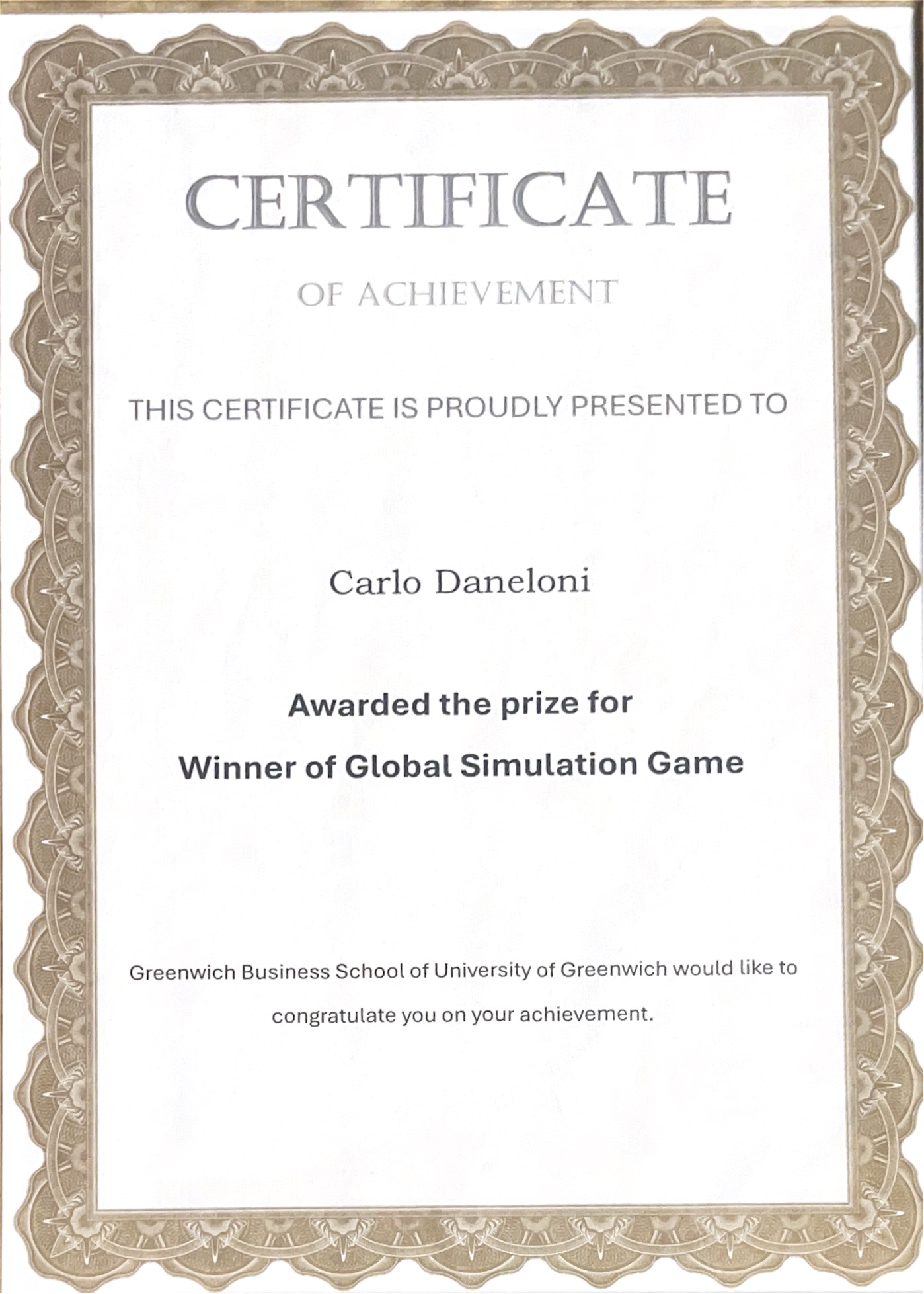 Winner Global Simulation Game certificate